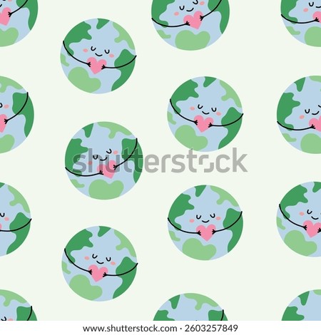 Cute seamless pattern with planet. Earth holding a pink heart. Flat eco-themed background design for Earth Day, environmental education, and eco friendly packaging. 