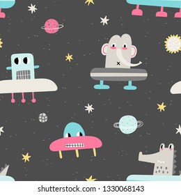 Cute seamless pattern with planet and funny characters astronauts. Vector illustration for children. Trendy kids vector background. - Vector.