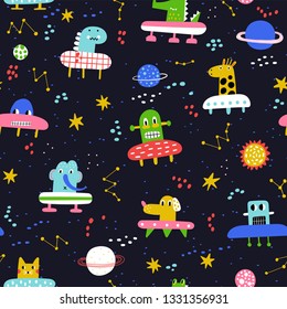 Cute seamless pattern with planet and funny characters astronauts. Vector illustration for children. Trendy kids vector background. Dark background,