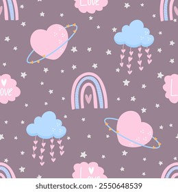 Cute seamless pattern with planet in heart shape, cloud, stars. Vector pastel background. Valentine's day and love