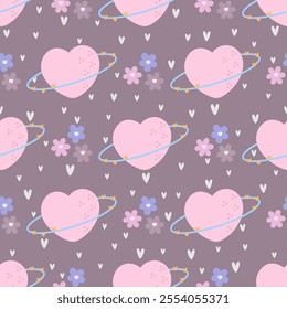 Cute seamless pattern with planet in heart shape and stars. Vector pastel background. Valentine's day and love