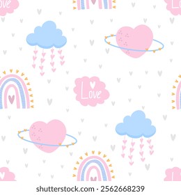 Cute seamless pattern with planet in heart shape, cloud, stars. Vector pastel background. Valentine's day and love