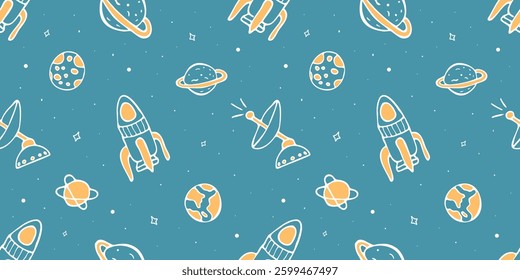 Cute Seamless Pattern with Planet, Rocket, Stars, Comets, Satellite for Boy. Space Background in Doodle Hand Drawn Style for Wallpaper, Textile, Fabric, Boy. Print Night Sky Astronomy Background.
