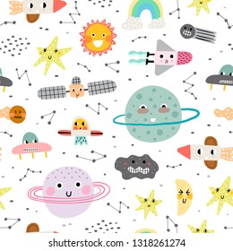 Cute seamless pattern with planet, star and rocket. Vector illustration for children. Trendy kids vector background.