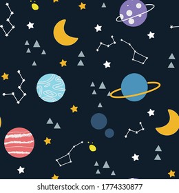 Cute seamless pattern with planets, 
constellations and stars. Vector fantasy design funny drawing