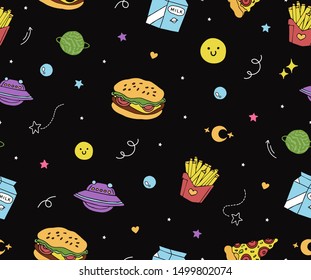 cute seamless pattern and planets  pizza  hamburger french fries   milk flying in open space fast food print for clothing wrapping paper bag poster black background vector