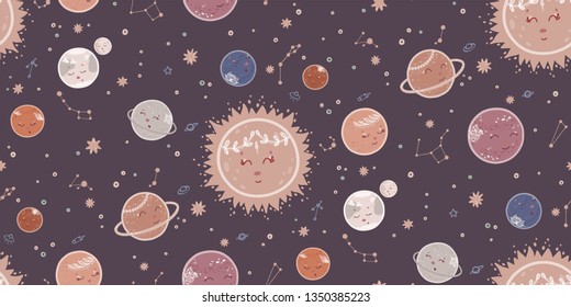 Cute seamless pattern with planets, space, stars, galaxies, constellations.Hand drawn background with sleeping planets.Can be used for childish textile, wrapping paper, baby t-shirt print, kids wear.
