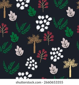  Cute seamless pattern  with plant and flowers on a  black background  design for kids cloth, tile , wallpaper, fabric, textile, cards, covers ,banners ,branding 
