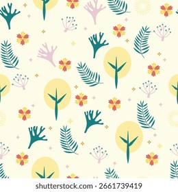  Cute seamless pattern  with plant and flowers on a  white background  design for kids cloth, tile , wallpaper, fabric, textile, cards, covers ,banners ,branding 
