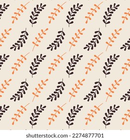 Cute seamless pattern of plant twigs in autumn colors. Botanical Floral Herb print for posters, cards, clothes, nursery. Decoration of flower shops. Vector illustration