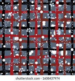 Cute Seamless Pattern with plants, berries and bubbles. Vector Illustration