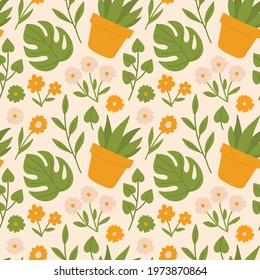 Cute seamless pattern of plants and flowers, monstera leaves and twigs for printing on fabric, clothing, gift packaging and more. Vector cozy illustration with a floral motif.