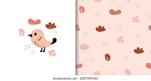 Cute seamless pattern with plants, pink background. cute bird. Vector illustration. Perfect for fabric and textile.