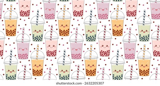 Cute seamless pattern with plastic glasses of bubble tea. Funny kawaii characters of drinks. Vector illustration