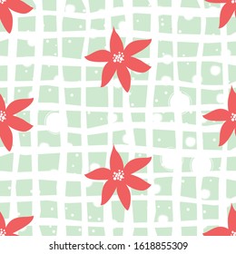 Cute Seamless Pattern with poinsettias on white background. Winter Flowers. Hand Drawn Design. Great for wall art design, gift paper, wrapping, fabric, textile, etc. Vector Illustration.
