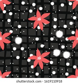 Cute Seamless Pattern with poinsettias on white background. Winter Flowers. Hand Drawn Design. Great for wall art design, gift paper, wrapping, fabric, textile, etc. Vector Illustration.