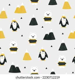 Cute seamless pattern with polar bear, penguin and mountains. Hand drawn kids nordic design. Winter vector illustration background.