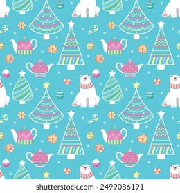 Lindo patrón sin fisuras con oso polar, tetera, galletas y árboles de Navidad. Perfecto para el diseño de niños, diseño de tarjetas de felicitación, impresión de tela, diseño de papel de embalaje, tarjetas de Navidad y textiles de decoración.