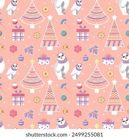 Cute seamless pattern with polar bear, floral, cookies and Christmas trees. Perfect for kids design, cover design, fabric print, wrapping paper design, baby prints, Christmas cards and decor textiles.