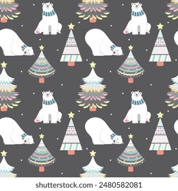 Lindo patrón sin costuras con osos polares y árboles de Navidad. Fondo negro. Perfecto para estampados de bebé, textiles para el hogar, tarjetas de Navidad, impresión de tela, Elementos de scrapbook y diseño de papel de envoltura.