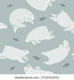 Padrão perfeito e perfeito: ursos polares nadando debaixo d'água com peixes. Ilustração à mão desenhada por vetor para tecido e têxteis.