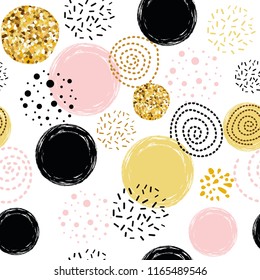 Cute seamless pattern polka dot abstract ornament decorated golden, pink, black hand drawn circles, round shapes Vector illustration for wallpaper, wrap Gold dots, sparkles, shining dots background