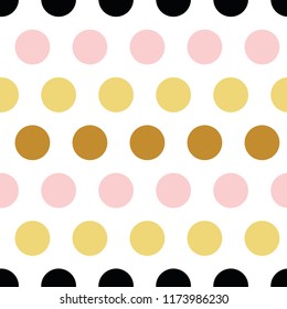 Cute seamless pattern polka dot abstract ornament made from yellow golden, pink, black hand drawn circles, round shapes Vector illustration for wallpaper, wrap textile fabric pink female texture