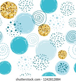 Cute seamless pattern polka dot abstract ornament decorated glitter golden, blue, black hand drawn circles, round shapes Vector illustration for Christmas wallpaper Gold dots Baby shower background