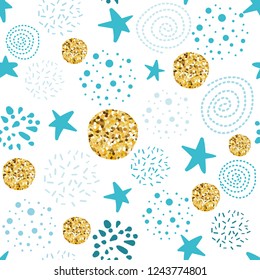 Cute seamless pattern polka dot stars abstract ornament decorated glitter golden blue hand drawn elements. Vector illustration for boy baby shower background Christmas wallpaper Snowy winter paper