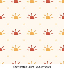 Cute seamless pattern with polka dots and half suns drawn by hand. Simple vector illustration.