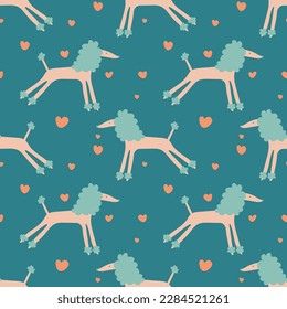 Cute seamless pattern with poodle dogs and cute small hearts, vet clinic theme, domestic animals, grooming, hand drawn cartoon carachter