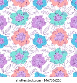 Cute seamless pattern with poppies in doodle style. Botany backdrop in pastel color. Simple vector illustration can be used for website background, wallpaper, banner, paper packaging, wrapping, fabric