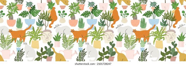 Cute seamless pattern with potted plants, cats. Repeating pattern for textile, fabric, wallpapers, wrapping paper. Urban jungle, flowers in pot, scandinavian lifestyle. Beautiful seamless print. 