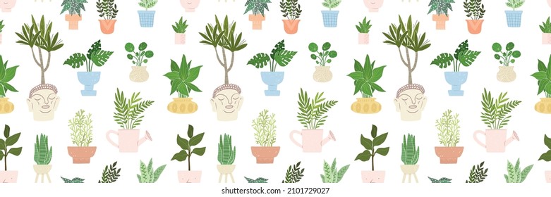 Cute seamless pattern with potted plants. Repeating pattern for textile, fabric, wallpapers, wrapping paper. Urban jungle, flowers in pot, scandinavian lifestyle. Seamless vector illustration on white