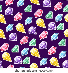 cute seamless pattern with precious stones of various shapes and colors on dark background