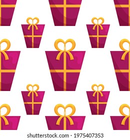 Cute seamless pattern with present boxes with ribbons and bows. White background. Flat style illustration.