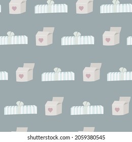 Cute Seamless Pattern with presents. Cartoon Christmas or birthday background with gifts. Vector illustration holiday boxes backdrop with hand drawn ribbons. Use for wrapping paper, wallpaper, fabric.