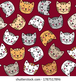 Cute seamless pattern with pretty cats. Great for fabric, textile, wallpaper, giftwrap. Kittens. Kids cartoon vector background. 