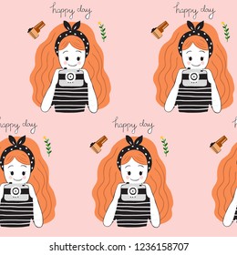 Cute seamless pattern pretty girl and camera vector.