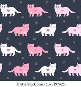 Cute seamless pattern with pretty kittens. Great for baby fabric, textile, wallpaper. Walking cats. Kids cartoon vector background. Saturated colors