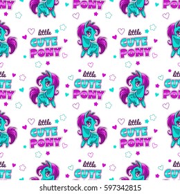 Cute seamless pattern with pretty little pony patches, hearts and slogans on white background. Vector girlish texture.