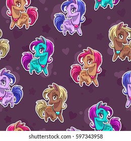 Cute seamless pattern with pretty little pony stickers. Vector girlish texture.