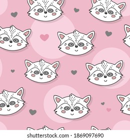 Cute seamless pattern with pretty racoons. Great for baby fabric, textile, wallpaper. Kids cartoon vector background. Pastel Colors.