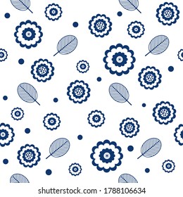 Cute seamless pattern with primitive childish hand-drawn flowers and leaves blue ink on a white background in Scandinavian style. Stylish modern wrapping paper, textile design. Vector illustration.
