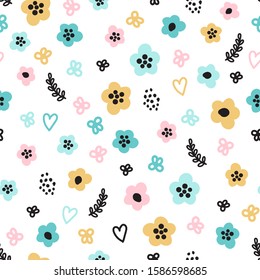 Cute seamless pattern with primitive naive art flowers in scandinavian minimal style, ideal for baby or kids fabrics, textile, apparel, vector illustration for your decoration