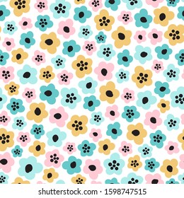 Cute seamless pattern with primitive naive art flowers in scandinavian minimal style, ideal for baby or kids fabrics, textile, apparel, vector illustration for your decoration