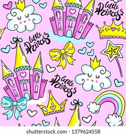 Cute Seamless Pattern for Princess girl with hearts, crown and other elements for girl on pink Background