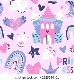 Cute Seamless Pattern for Princess girl with hearts, crown and other elements for girl on pink Background