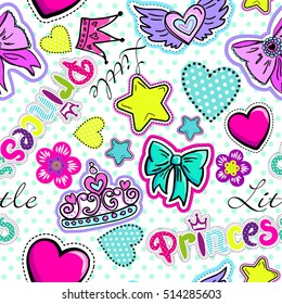 Cute Seamless Pattern for Princess girl with hearts, love, crown, star, flower and other elements 