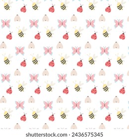 Lindo patrón sin fisuras con garabato mariposa, abeja y bichos. Vector patrón sin fisuras en estilo plano sobre fondo blanco. Repite el diseño para la tela, textil, decoración, web, impresión, papel pintado,